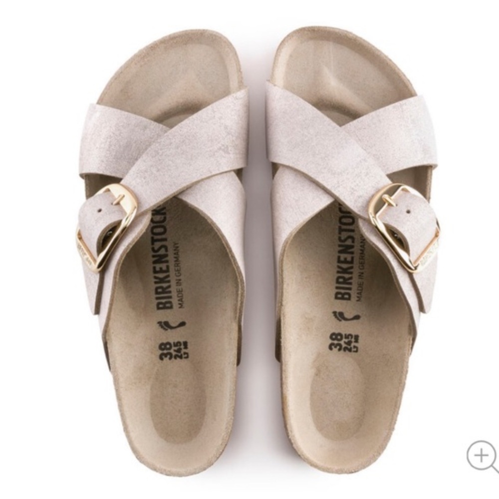 Birkenstock / Siena Metallic Silver Suede Sandals Big Buckle